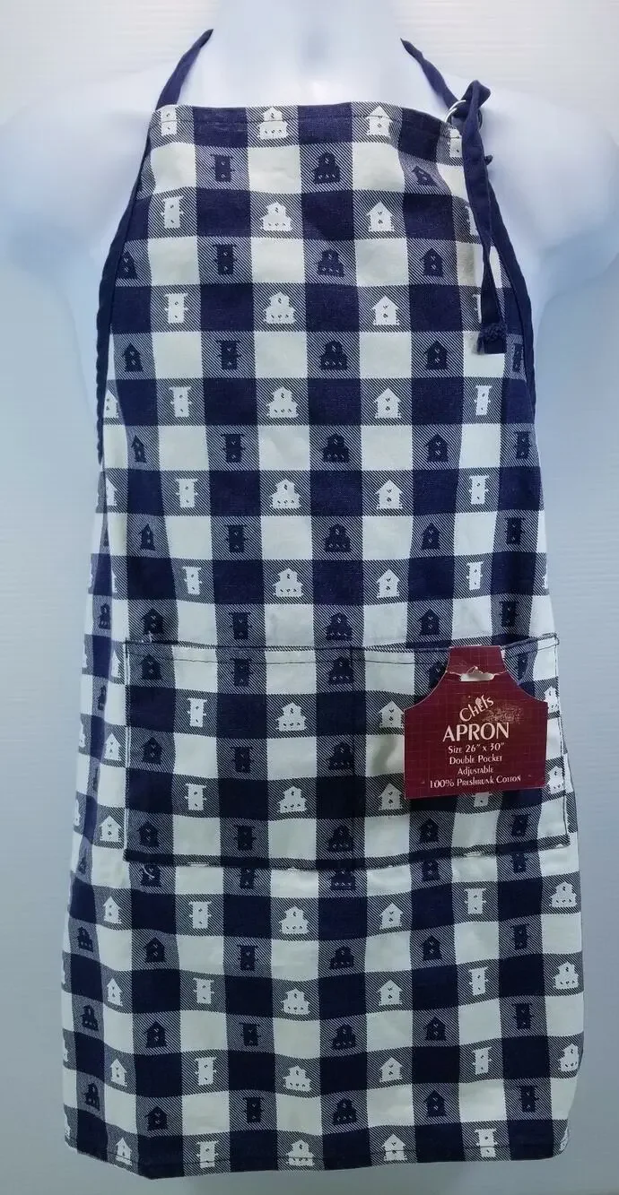 QQ) Hometex Blue White Country Cottage Chef's Apron Double Pocket 100% Cotton